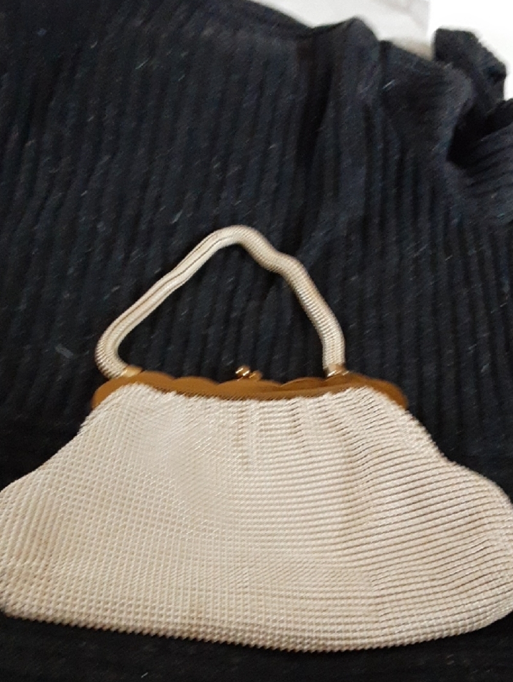 Cream Beaded Clutch with Tan Trim and Gold Accents